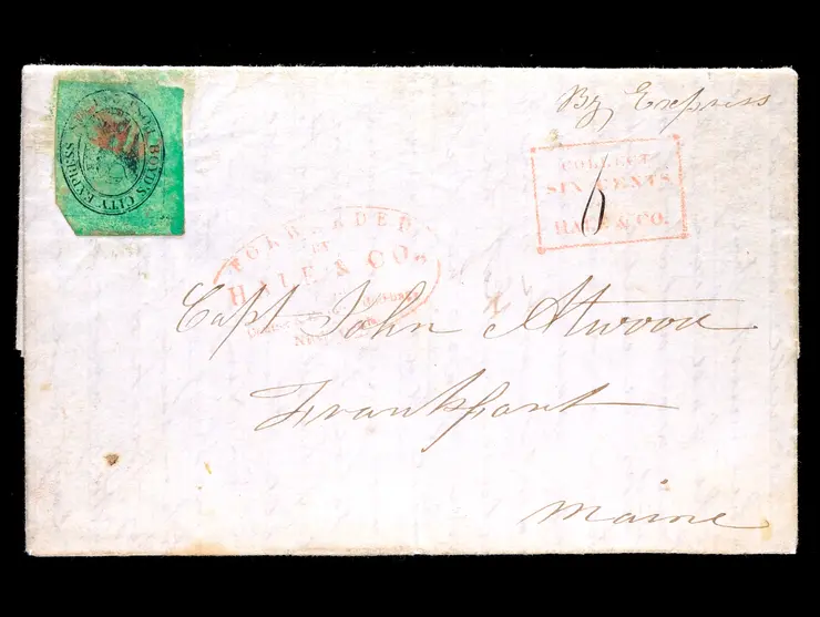 Boyd's City Express, 20L3, 2c Black on Bluish Green, Hale & Co. Conjunctive Use on 1844 Folded Letter to Maine