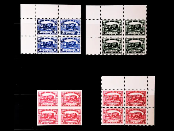 Movie Train Stamps, 1940, Three Perforated Blocks of Four and One Imperforate Block