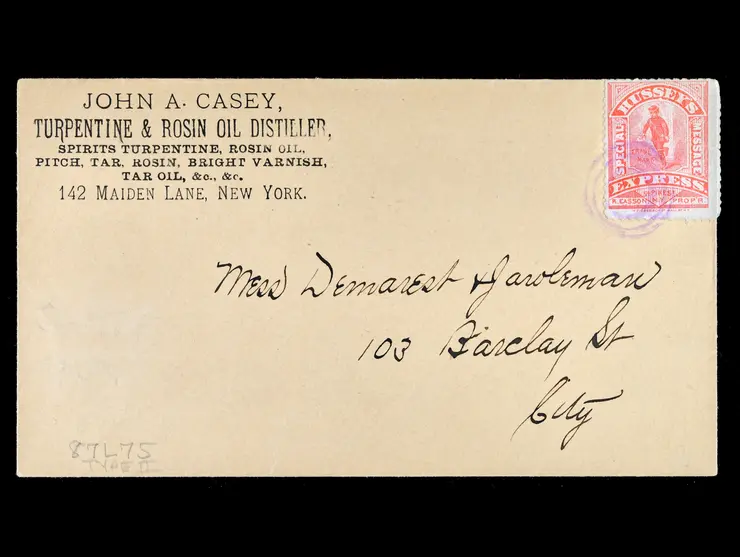 Hussey's Post, 87L75, Red, Tied by Purple Handstamp on Advertising Corner Card