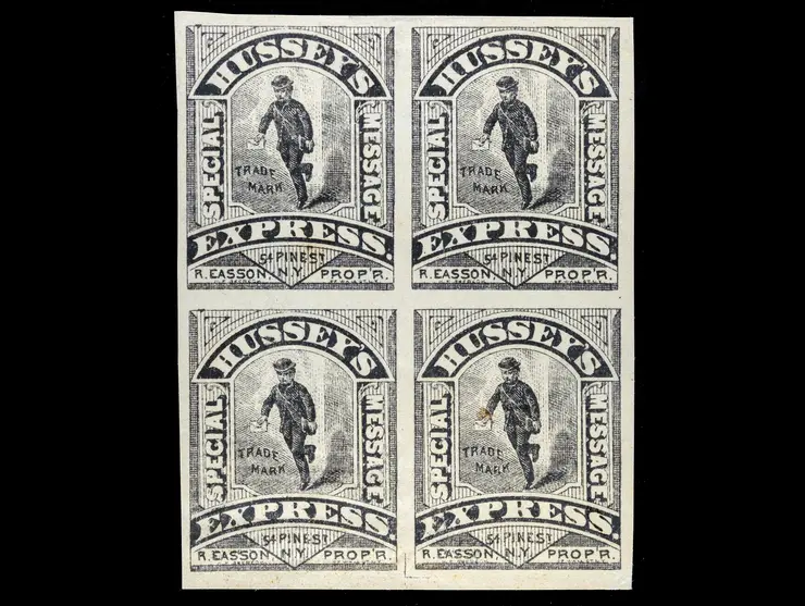Hussey's Post, 87L73c, Brown Imperforate Block of 4, Unused