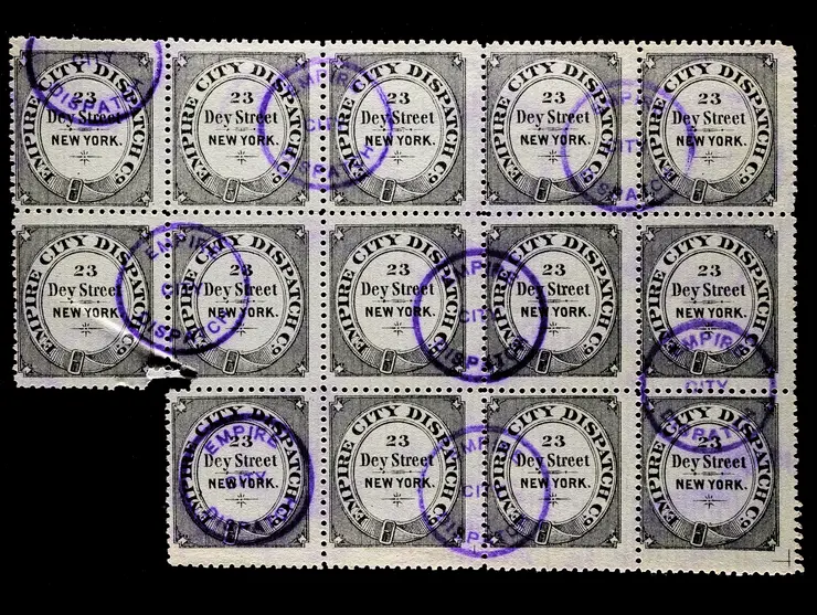 Empire City Dispatch, 64L1, Black on Green, Block of 14, Used
