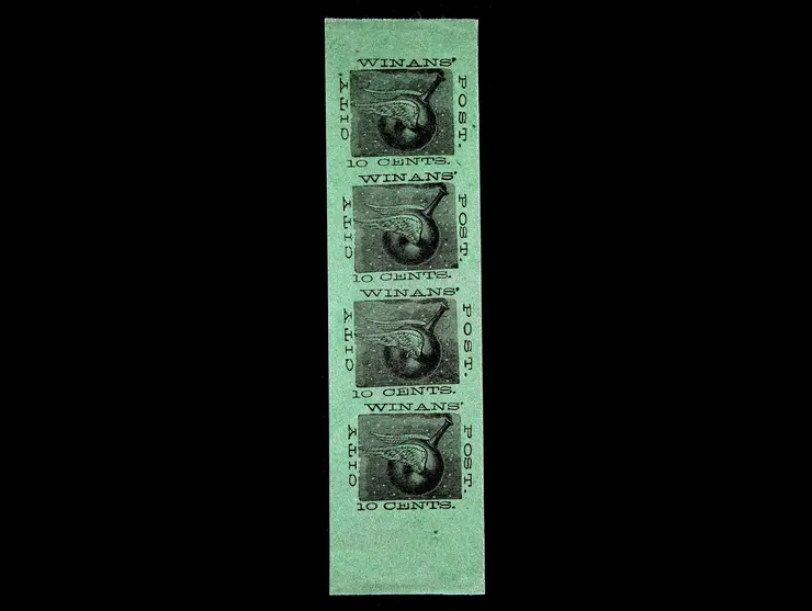 Winan's City Post, Bogus A, Strip of 4 Early, Reverse Printing