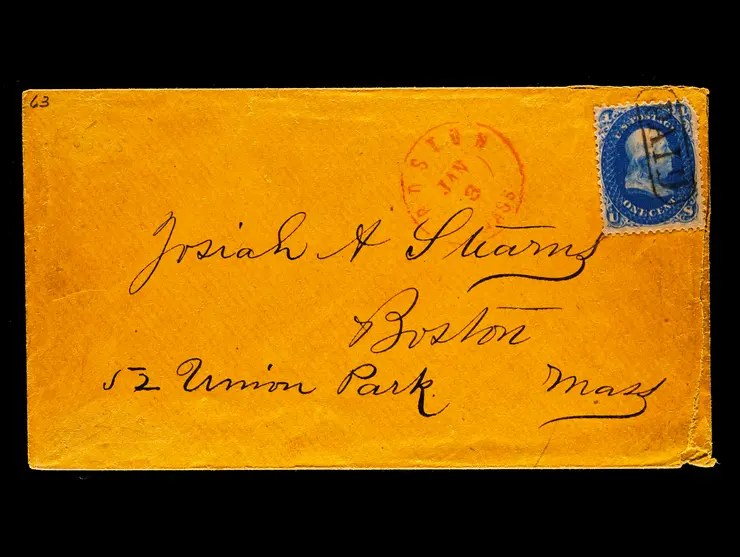 #63 1861 1c Blue, Tied by "PAID" Obliterating Cancel on Boston Carrier Cover