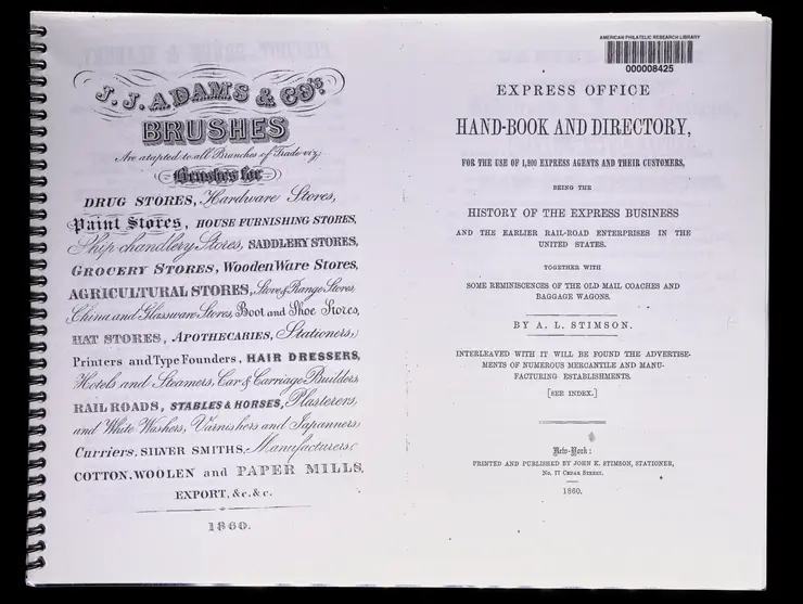 History of the Express Business by A.L. Stimson, 1860 spiral bound copy